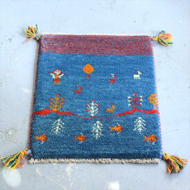 ギャッベ 玄関マット　手織り 56×41cm ブルー　自然風景　女の子と魚たち