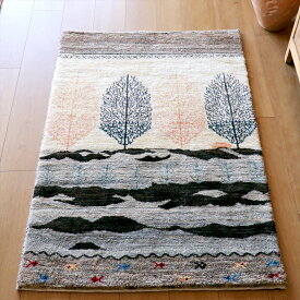 ギャッベ リズバフト 細かな織り 116×80cm 旭日の草原　ナチュラルアイボリー＆グレー