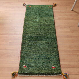 ギャッベ　カシュカイ族の手織りラグ 117×40cm シンプルデザイン グリーン
