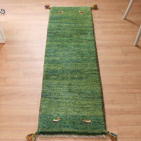 ギャッベ　カシュカイ族の手織りラグ 130×40cm 四匹のシカ グリーン