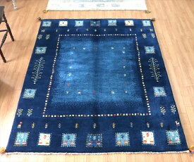 【15%OFFクーポン対象品】ギャッベ イランの手織りラグ 193×152cm ブルー タイルデザイン