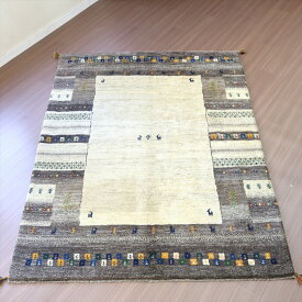 【15%OFFクーポン対象品】イラン　カシュカイ族　手織りギャッベ 233×177cm ナチュラル＆グレー