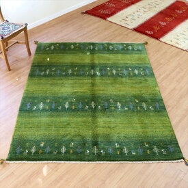 ギャッベ イラン産手織り 190×150cm グリーングラデーション 毛足の長いふかふかな織り