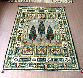ギャッベ　イラン産 細かな織り　リズバフト 223×161cm 糸杉の樹と幾何学モチーフ グリーン