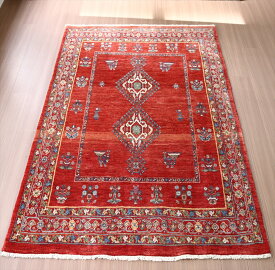 ギャッベ　イラン産 カシュカイ族の手織りラグ 224×149cm 2つのメダリオンと幾何学モチーフ