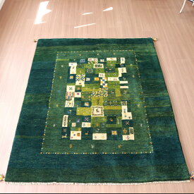 ギャッベ 手織りラグ イラン産絨毯 193×153cm グリーングラデーション　モザイク