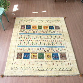 ギャッベ 手織りラグ イラン産絨毯 192×155cm ナチュラルアイボリー　カラフルなタイルお花畑