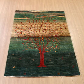 ギャッベ ノウバフト 細かく緻密な織り 162×110cm 生命の木のある風景　グリーン　イラン産手織りラグ