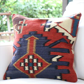 【15%OFFクーポン対象品】オールドキリム クッションカバー 40×40cm トルコ 手織り ヴィンテージ Kilim Cushionクバ 深みのあるレッド