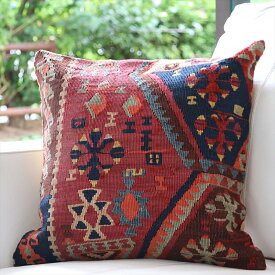 オールドキリム クッションカバー 40×40cm トルコ 手織り ヴィンテージ Kilim Cushionマラテヤ・オオカミの足跡のモチーフ