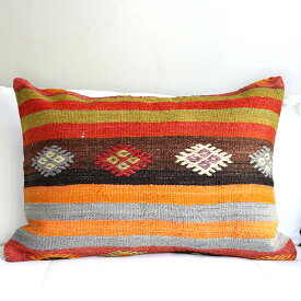 オールドキリムクッション・長方形ビッグピロー Turkish Old Kilim Cushion 70x50cm シンプルボーダー・ひし形のジジム