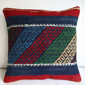 オールドキリムクッションカバー40cm角 Kilim Cushion シンプルボーダー・レッド＆ブルー