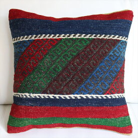 オールドキリムクッションカバー40cm角 Kilim Cushion シンプルボーダー・レッド＆ブルー＆グリーン