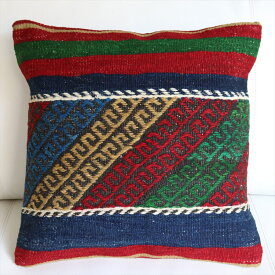 【15%OFFクーポン対象品】オールドキリムクッションカバー40cm角 Kilim Cushion シンプルボーダー・レッド＆ブルー＆グリーン