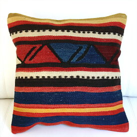 オールドキリムクッションカバー40cm角 Kilim Cushion ブルー・レッド・イエローのボーダー