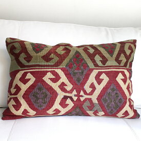 オールドキリムクッション・長方形ビッグピロー Turkish Old Kilim Cushion 60x39cm 赤紫とグリーン
