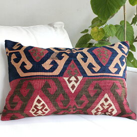 オールドキリムクッション・長方形ビッグピロー Turkish Old Kilim Cushion 60x38cm ネイビーと赤紫