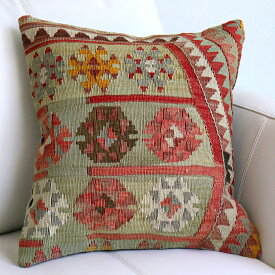 オールドキリム クッションカバー 41×38cm緑のサンドゥク Turkish Old Kilim Cushion