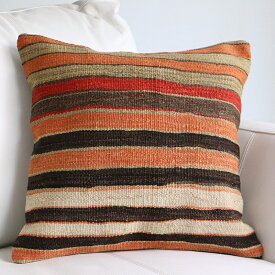 オールドキリム　クッションカバー 40cm Old Kilim Cushion アースカラー オレンジ＆グリーンのボーダー