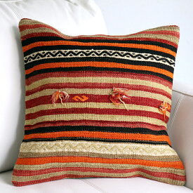 オールドキリム　クッションカバー 40cm Old Kilim Cushion ポンポン飾りとフックのジジム