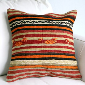 オールドキリム　クッションカバー 40cm Old Kilim Cushion ポンポン飾りとフックのジジム