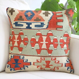 アンティーク キリムクッションカバー 40cm Old Turkish Kilim Cushion アイドゥン 赤と青とライトグリーン