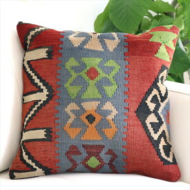 【15%OFFクーポン対象品】オールドキリムクッションカバー 40cm Turkish Kilim Cushion ウール 手織り キリムレッド＆ライトブルー