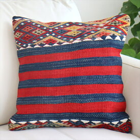 【15%OFFクーポン対象品】オールドキリム クッションカバー40cmサイズ Old Kilim Cushion ブルー＆レッド シンプルボーダー&ジジム