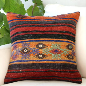 【15%OFFクーポン対象品】クッションカバー 45×45cm キリム ウール Turkish Kilim Cushion バルケスィル レッドとブラックのボーダー