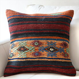 【15%OFFクーポン対象品】クッションカバー 45×45cm キリム ウール Turkish Kilim Cushion バルケスィル レッドとブラックのボーダー