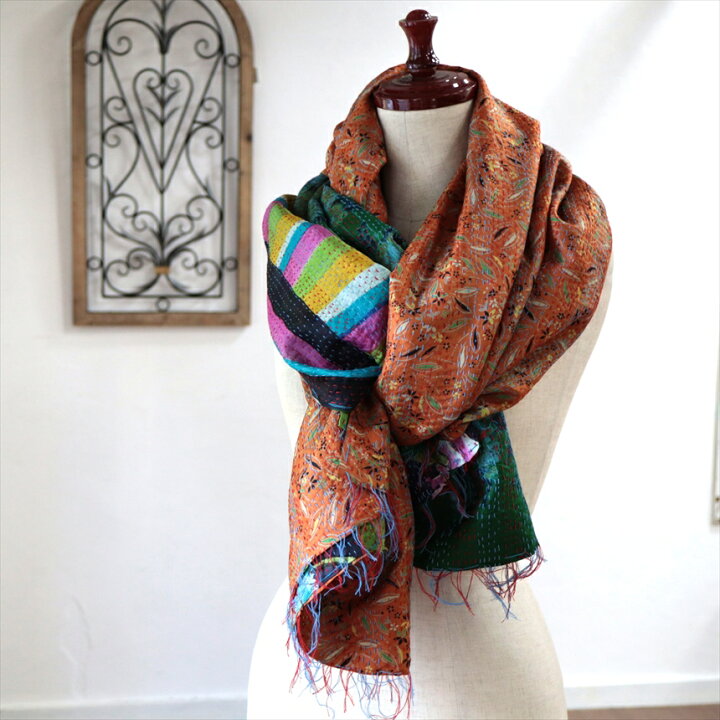 楽天市場】カンタ刺繍 シルクストール 225×100cm幅広 リサイクルサリー 