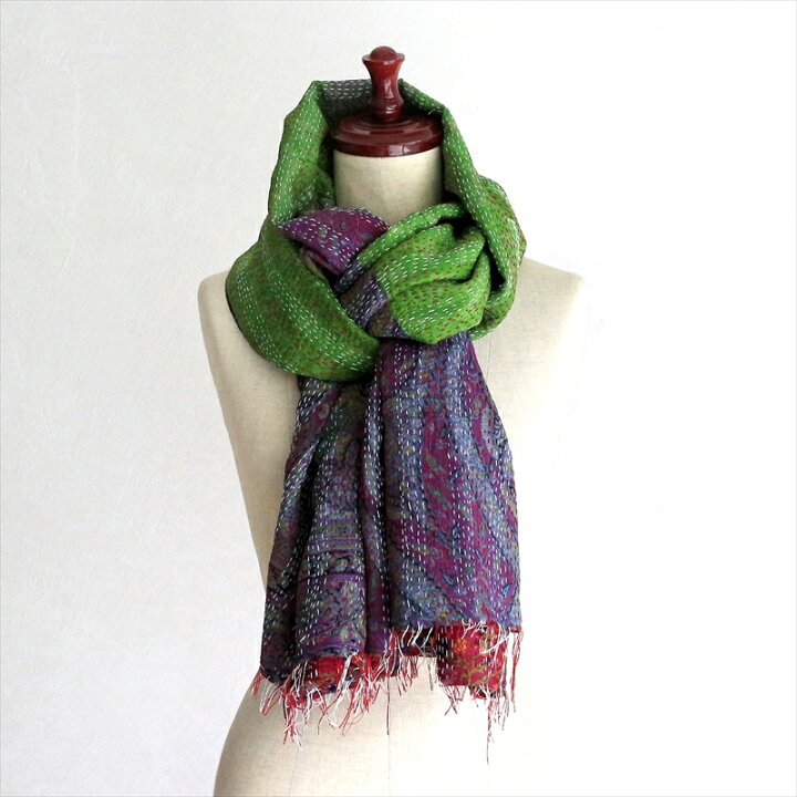 楽天市場】カンタ刺繍 シルクストール 211×90cm幅広 リサイクルサリー 