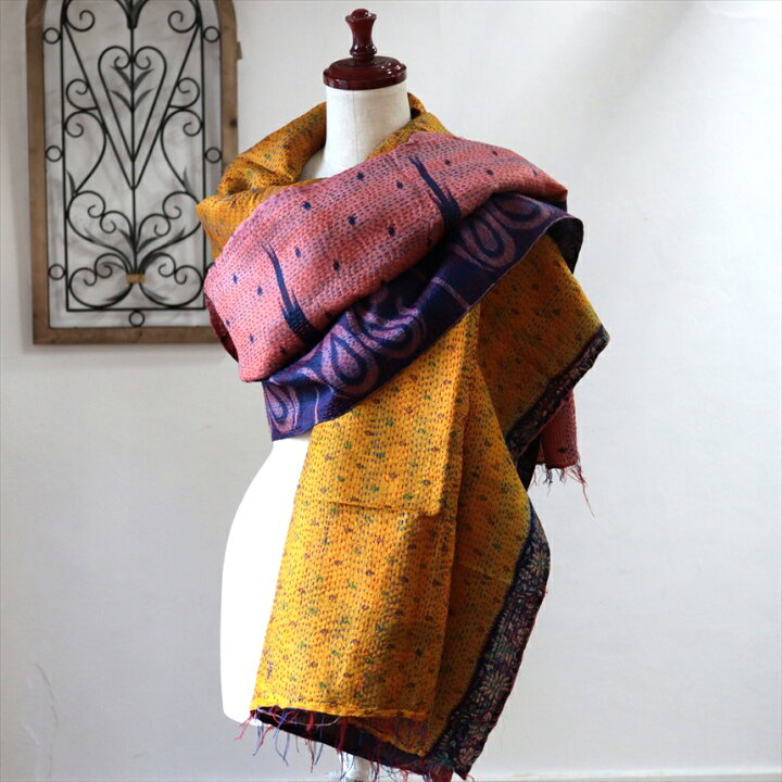 楽天市場】カンタ刺繍 シルクストール 211×90cm幅広 リサイクルサリー 
