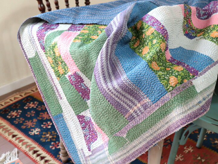 楽天市場】カンタ刺繍 ラリーキルト インドの古布171×133cm : ガラタ  