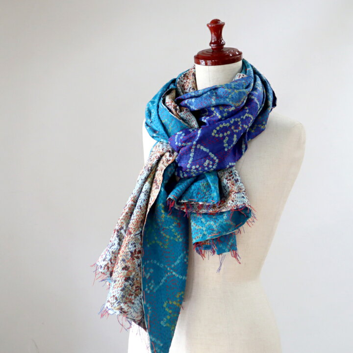 楽天市場】カンタ刺繍 シルクストール インド リサイクルサリー 212 