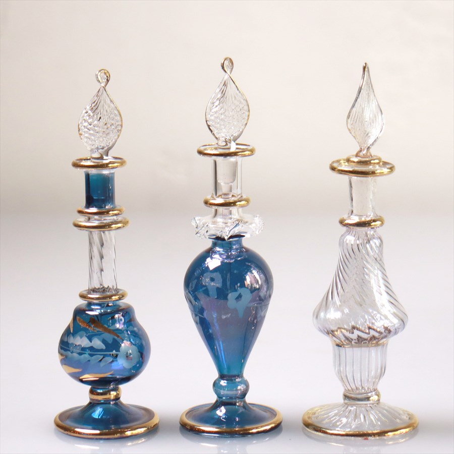 香水瓶 エジプトガラス 3本セット 送料無料 新品 春新作の Egyptian Perfume クリア クレオパトラ ブルー Bottle