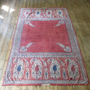 アンティーク・ペルシャ更紗 <古布> ガラムカール 花と鳥とペイズリー 約228x133cm