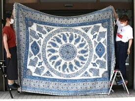 ペルシャ更紗 ガラムカール（イラン 手染布）280cmサイズ長方形ブルー系ペイズリー柄/コットンマルチカバー ソファーカバー ベッドカバー