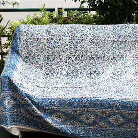 ペルシャ更紗 ガラムカール（イラン 手染布）280cmサイズ長方形ブルー系フラワー柄/コットンマルチカバー ソファーカバー ベッドカバー
