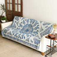 【15%OFFクーポン対象】ペルシャ更紗 イラン手染め布 190×126cm ブルー系 ペイズリー柄 テーブルクロス …
