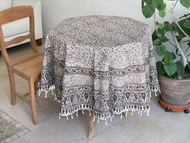 【15%OFFクーポン対象】ペルシャ更紗 円形・イラン手染め布/直径180cmサイズ アンティークデザイン　ソファーカバー・テーブルクロス　ブラウン系フラワー柄