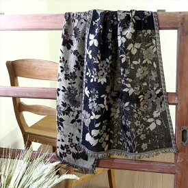 ウール ストール ジャガード織りフラワー　ブラック　180x50cm