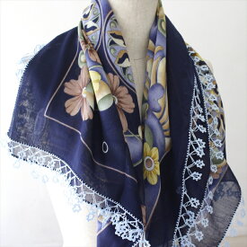 トルコの伝統手芸・レース編みのオヤスカーフかぎ針編みのトゥ・オヤ92×92cm花と丸いメダリオン模様　紺