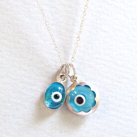 ナザールボンジュウ ガラス＆シルバーデイジーネックレス　スカイブルー2つのチャームNazar Boncuk, Evel Eye glass&silver necklace, made in Turkey