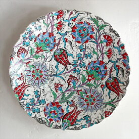 トルコ・キュターヤ陶器45cmプレート手描き絵皿立体釉薬・オットマンクラシック赤いチューリップ