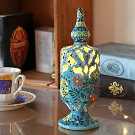 陶器のキャンドルホルダー H22.5cm ブルー トルコ製 キュタフヤ陶器