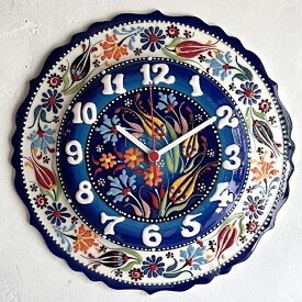 トルコの手描き絵皿 壁掛け時計 直径30cm カラフルなチューリップ・カーネーション/ブルー【OUTLET・難あり】