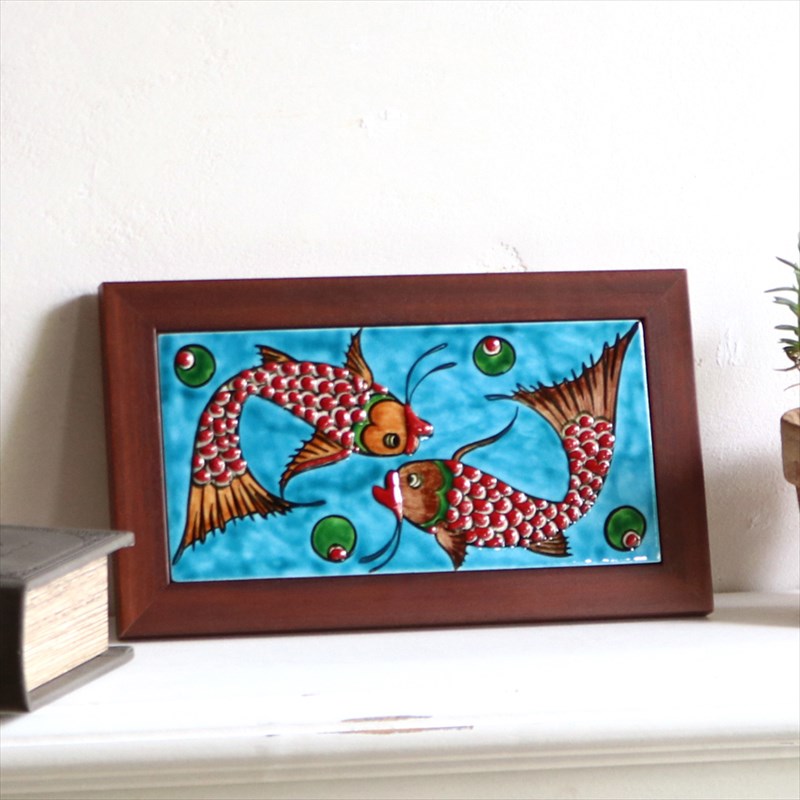 トルコ手書き陶器 ミニタイル1枚額 H24×W14×D1.5cm 二匹の魚 Turkish Hand Paint Tileのサムネイル
