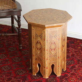 シリア製寄木細工の木製サイドテーブル W41xH50.5xD41cm Syrian Mosaic Furniture Octagon Table 【OUTLET・難あり】