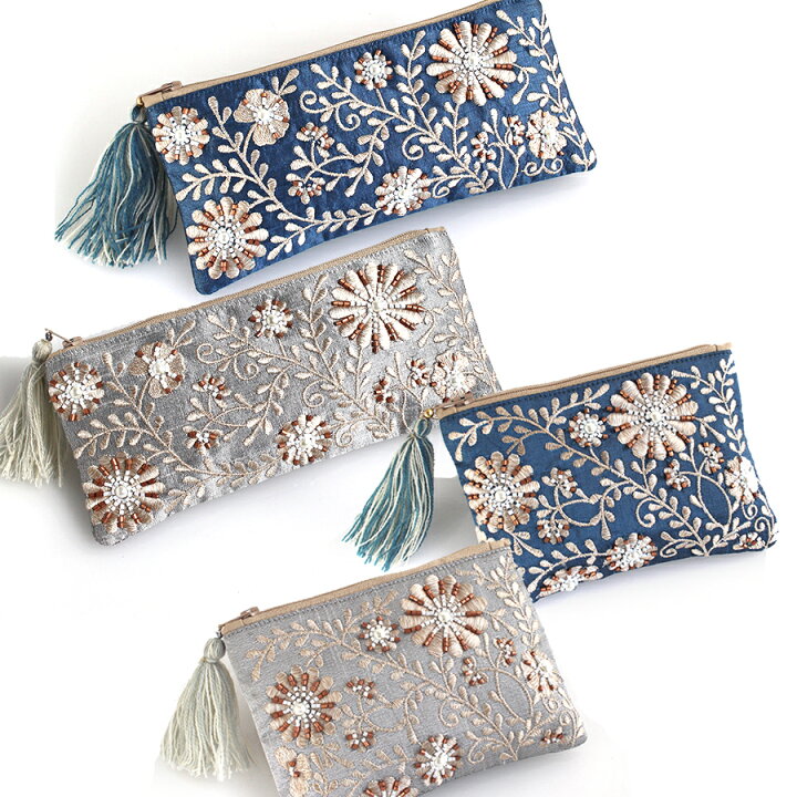 楽天市場】花柄刺繍＆ビーズ装飾ポーチ タッセル付き ブルー シルバー 